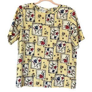 Kathie Lee Womens Vintage Blouse Size 12 Yellow Floral Cottagecore Grannycore